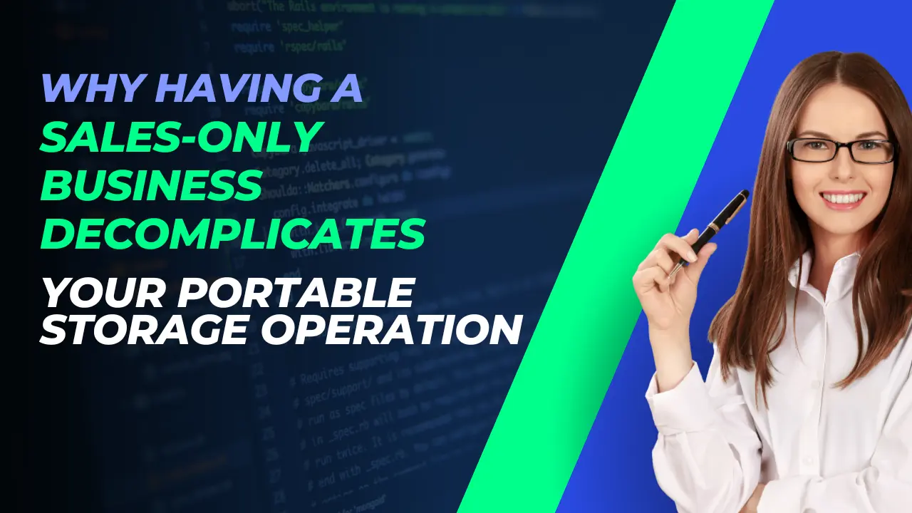 woman-in-white-shirt-holding-pen-next-to-text-about-sales-only-business-simplifying-storage-operations